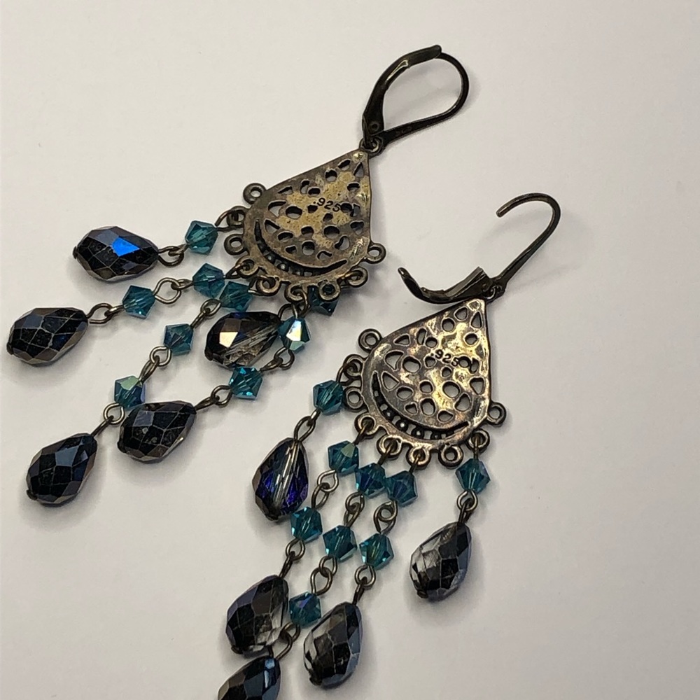 Handmade Sterling silver boho earrings w/ Swarovski crystals in charcoal & aqua - Picture 8 of 11